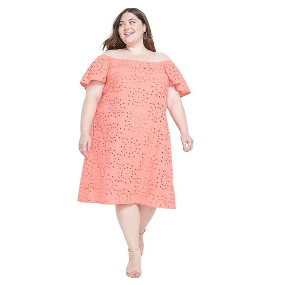 Lane Bryant Plus Size 26 28 Dress Short Sleeve Convertible Peach Eyelet 1567 - Picture 2 of 13